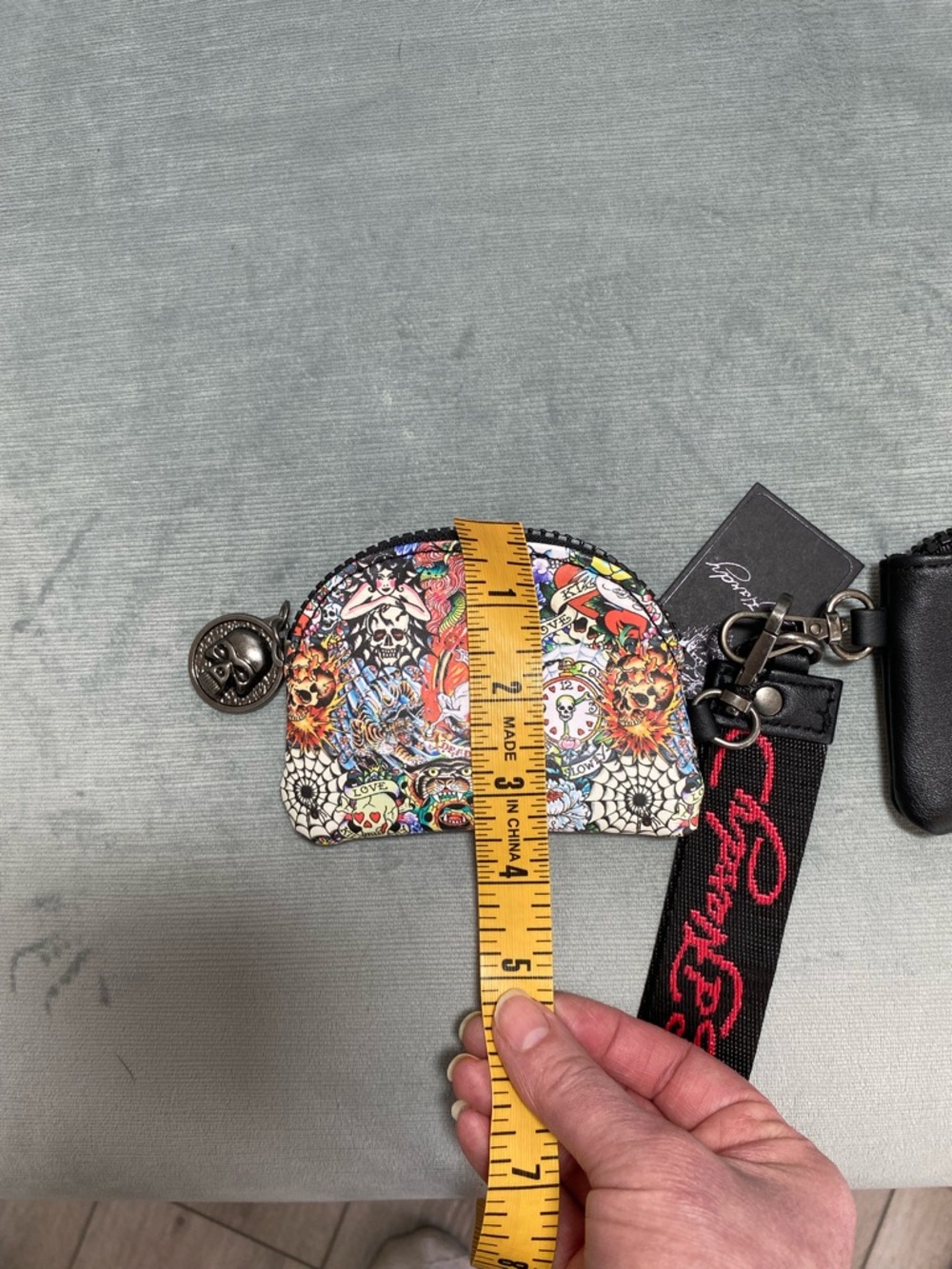 NWT Ed Hardy Black 3 piece Multicolor Tattoo Print Pouch & Wristlet Keychain Set - Picture 15 of 17